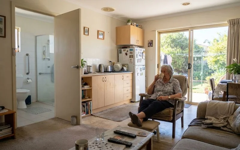 A single-level granny flat with a step-free entrance and wide pathway in a Perth backyard setting
