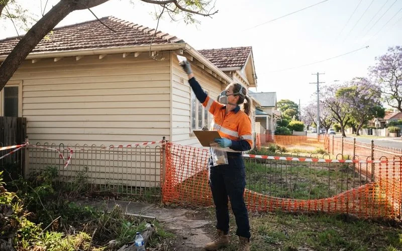 A demolition site with warning signage and a worker in full protective equipment near an older Perth home being cleared
