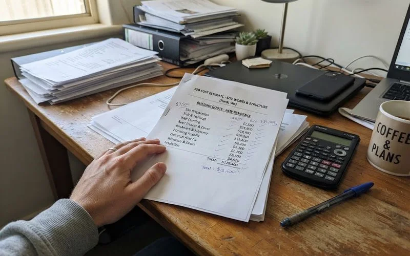 A Perth quantity surveyor reviewing a detailed building cost breakdown on a laptop next to house plans