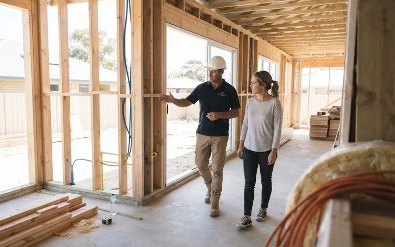 A homeowner and custom builder walking through a partially built home reviewing a checklist together