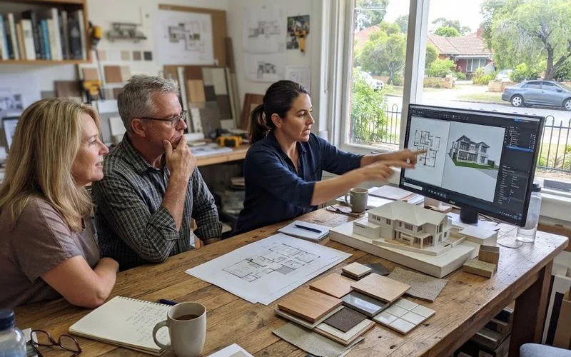 A Perth architect and homeowners reviewing custom house plans spread across a table alongside a scale model