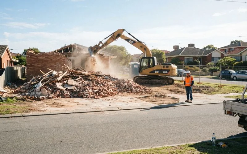 A demolished house site being cleared in a Perth suburb with a small excavator working on the block