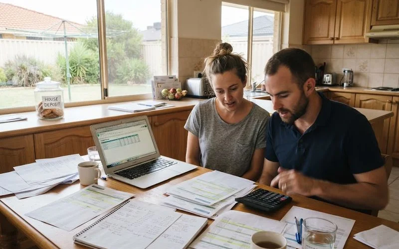 A young couple reviewing paperwork and a laptop at a kitchen table while discussing first home buyer finance