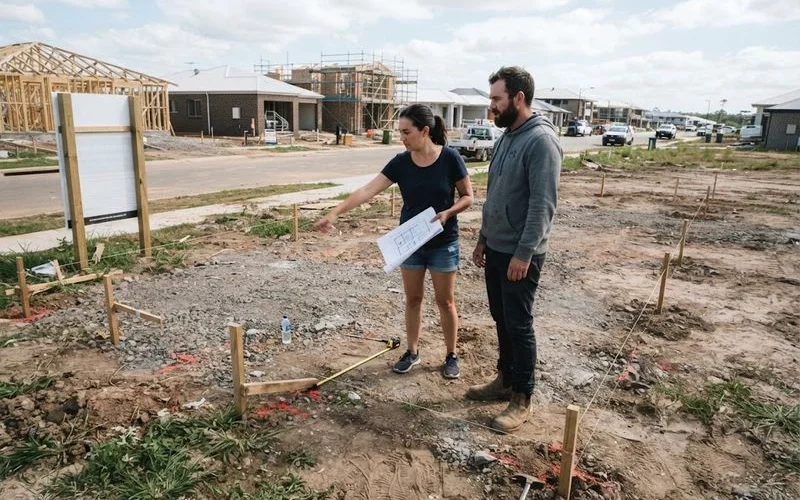 A young couple standing on a vacant block of land in a new Perth estate reviewing house plans together
