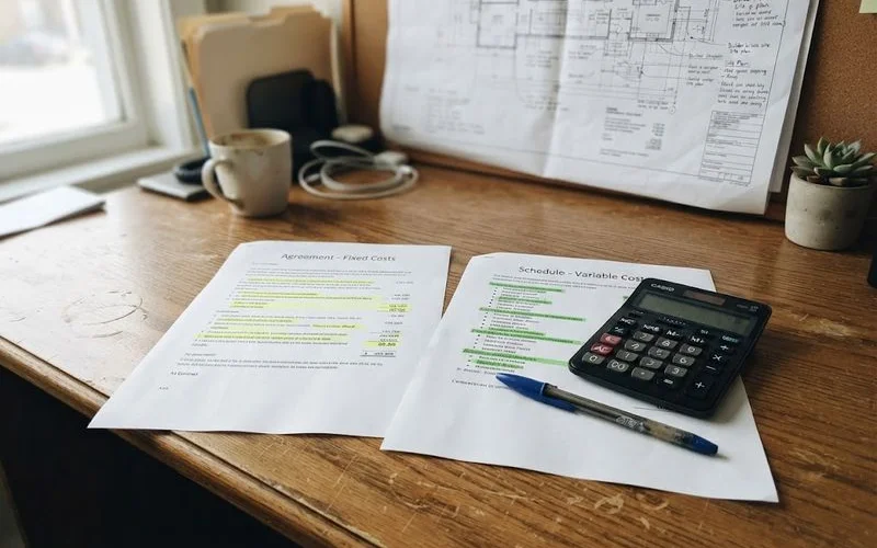 A builder and homeowner reviewing a cost breakdown document with a calculator on a construction site table