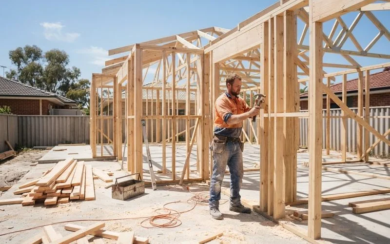 A Perth home under construction at frame stage with timber roof trusses visible against a clear sky