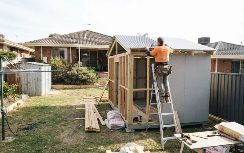 A partially completed granny flat in a Perth backyard with framing visible and a small paved courtyard alongside