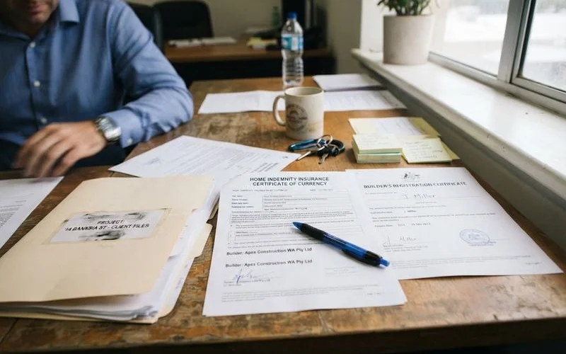 A homeowner reviewing an insurance certificate and building contract documents at a home office desk