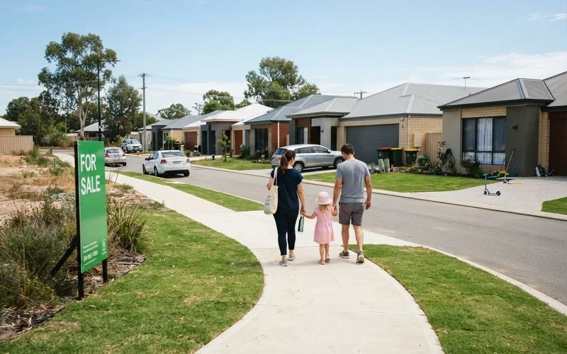 A new Perth housing estate with several near-identical house and land package homes under construction on adjoining blocks