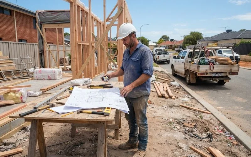 A homeowner in work boots and a hard hat reviewing plans on a Perth construction site with framing in the background