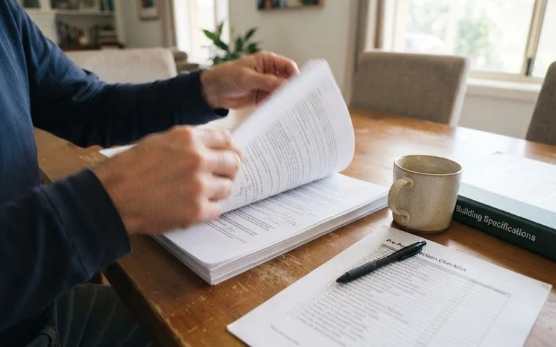 Two people at a table reviewing a printed building contract with a pen and coffee cups nearby