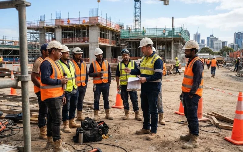 Construction workers wearing hard hats and high-visibility vests on a Perth home building site with scaffolding in the background