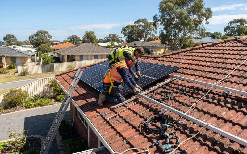 Solar panels being installed on the roof of a new energy-efficient home in Perth