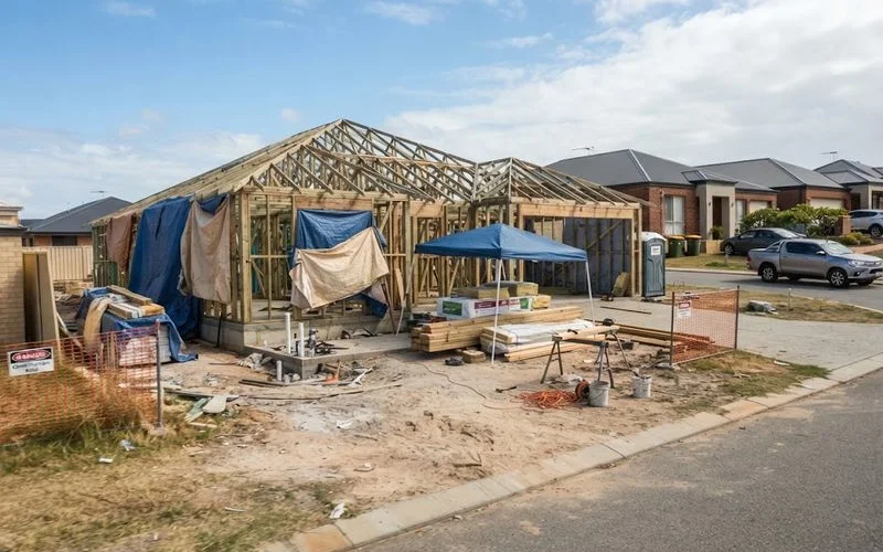 A partially built home with an unattended construction site and building materials left exposed